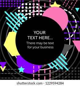 stylish background with bright geometric shapes, circles, stripes, polygons, dots dotted on dark