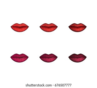 Stylish background from bright lips in lipstick or glitter. Multicolored female lips. Vector illustration for use in printing or print on fabric and clothing. Fashion and Style.