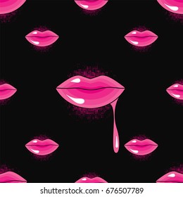 Stylish background from bright lips in lipstick or glitter. Multicolored female lips. Vector illustration for use in printing or print on fabric and clothing. Fashion and Style.