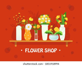 Stylish background design with flowers in vases. Colorful ikebana and bouquets on shelf. Floristics and florist family shop concept. Template for greeting labels or invitation card