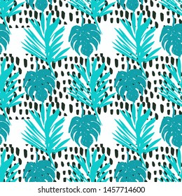 Stylish Background with Flat Green Leaves , Two types Palm Leave Texture with Black Brush Strokes Background