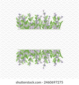 Un fondo elegante para tarjetas de felicitación con detalles de rombo en tonos lilas, rodeado por bordes de plantas de lavanda, y un espacio en blanco para personalización