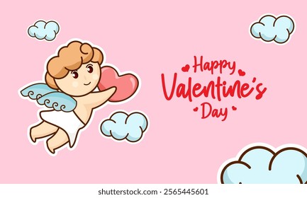 Stylish background of happy Valentine's day stickers. Cupid with holding a big heart. Beautiful background with clouds