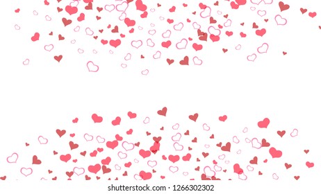 Stylish background. The idea of wallpaper design, textiles, packaging, printing, holiday invitation for birthday. Red hearts of confetti are falling. Red on White fond Vector.