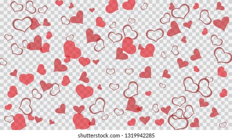 Stylish background. The idea of wallpaper design, textiles, packaging, printing, holiday invitation for birthday. Red hearts of confetti are flying. Red on Transparent fond Vector.