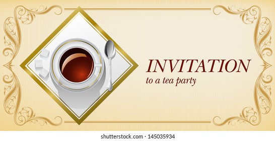 Stylish background for invitation to a tea party with very realistic teacup and vintage border. (Version EPS10 . Transparency was used for some parts of cup).