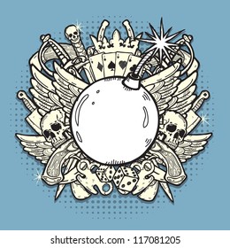 Stylish background, made of mixed graphic elements on theme of gambling, weapons, and crime.