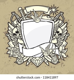 Stylish background, made of mixed graphic elements on theme of gambling, weapons, and crime.