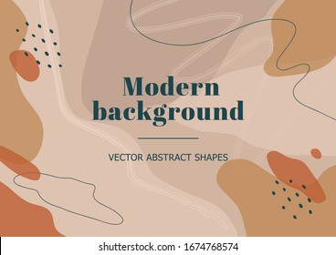 Stylish background with organic abstract shapes, spot, line in brown colors. Contemporary banner in Bauhaus style. Modern template for beauty branding design, presentation, flyer. Vector Illustration