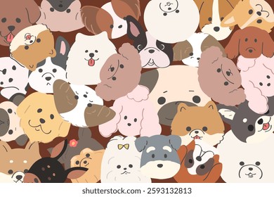 Stylish background with overlapping dog faces. Hand-drawn dog, graffiti, toy poodle, chihuahua, pomeranian, shiba inu