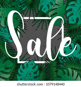 Stylish background with palm leaves. Beautiful concept design of a tropical poster, banner, cover or postcard. Vector illustration. Eps 10. Summer.