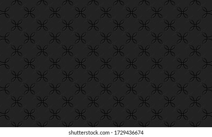 Stylish background pattern of abstract geometric shapes and curls with indented outline. Vector graphics on a black background.