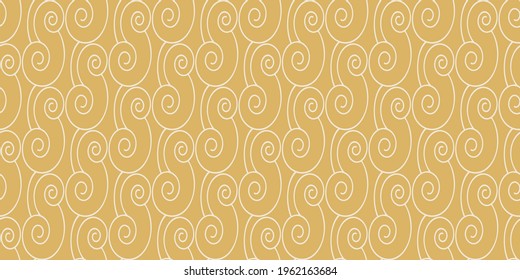 Stylish background pattern with swirl ornament on gold backdrop, wallpaper. Seamless pattern, texture. Vector image