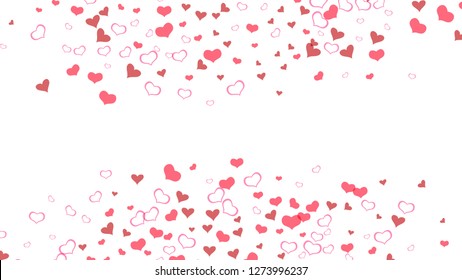 Stylish background. Red hearts of confetti are falling. Red on White fond Vector. A sample of wallpaper design, textiles, packaging, printing, holiday invitation for birthday.