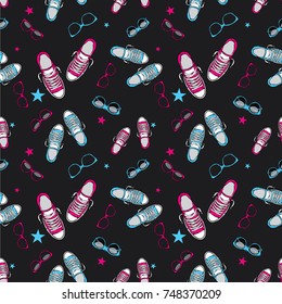 Stylish background of sneakers and glasses. Vector illustration. Shoes, clothes and accessories. Fashion & Style.