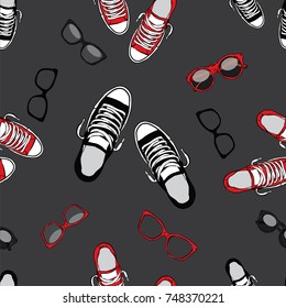 Stylish background of sneakers and glasses. Vector illustration. Shoes, clothes and accessories. Fashion & Style.