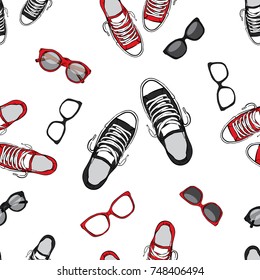 Stylish background of sneakers and glasses. Vector illustration. Shoes, clothes and accessories. Fashion & Style.