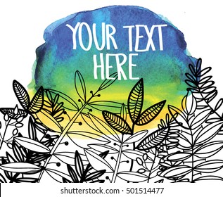 Stylish background for text, design blank. freehand drawing with paint drops. Branches, leaves, butterflies, beetles and fruit.
