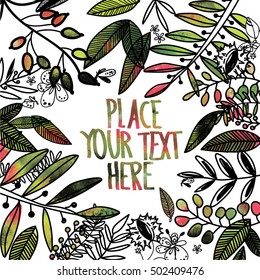 Stylish background for text, design blank. freehand drawing with paint drops. Branches, leaves, butterflies, beetles and fruit. Autumn composition.