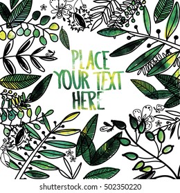 
Stylish background for text, design empty. freehand drawing with paint drops. Branches, leaves, butterflies, beetles and fruit. Summer composition.