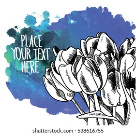 
Stylish background with tulips. Drawing by hand in vintage style. Texture watercolor paint.