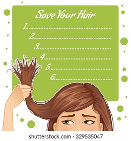 Stylish background for your text with girl who has problem of split ends, vector image, eps10