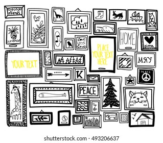 
Stylish background for your text with pictures in frames. Drawing by hand. Funny, black and white background. Wallpaper, design blank.