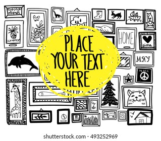 
Stylish background for your text with pictures in frames. Drawing by hand. Funny, black and white background. Wallpaper, design blank.