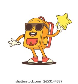 Stylish backpack character wearing sunglasses holds a glowing star while beaming with excitement and joy. Great for celebratory, digital or pop culture-themed content. vector illustration