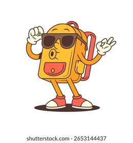 Stylish backpack mascot wearing sunglasses and raising both arms in a victory gesture. Great for content about confidence, celebration, motivation, and achievement. Vector illustration