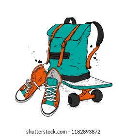 Stylish backpack, skateboard and sneakers. Sports, clothing and accessories. Street style. Vector.