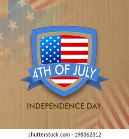 Stylish badge with American Flag and text 4th of July on vintage brown background for Independence Day celebrations. 