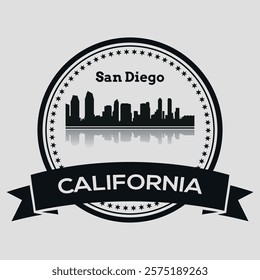 Stylish badge with a black skyline silhouette of the city of San Diego, California in a round black frame and a place on the ribbon for text. Vector on a gray background