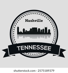 Stylish badge with a black skyline silhouette of the city of Nashville, Tennessee in a round black frame and a place on the ribbon for text. Vector on a gray background