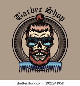 Stylish badge with comb and bearded skull vector illustration. Colorful label with hipster skull in sunglasses smiling with haircut. Fashion and elegant style concept can be used for retro template