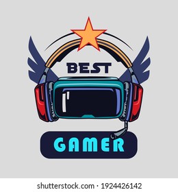 Stylish badge with full VR headset vector illustration. Colorful label with hipster skull in sunglasses smiling with haircut. Cybersport and gaming zone concept can be used for retro template