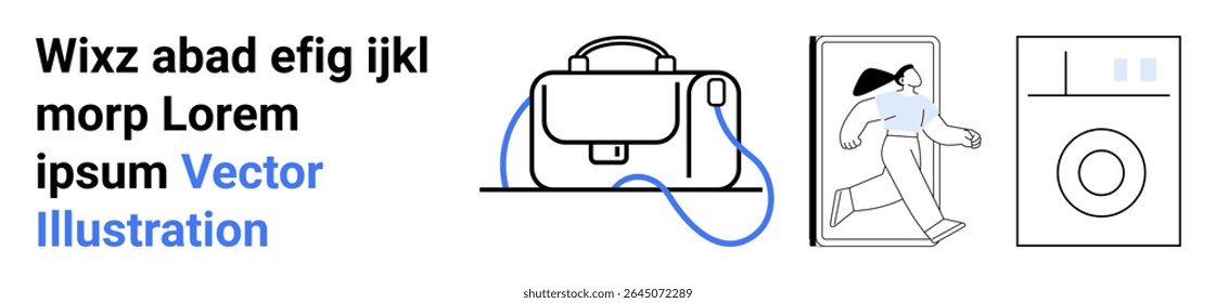Stylish bag with strap, a person walking with a smartphone, and a washing machine. Ideal for technology, lifestyle, shopping, e-commerce, mobile apps, online stores, and digital marketing. Landing