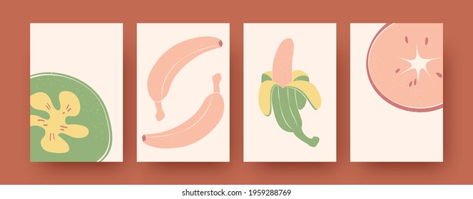 Stylish banana collection of contemporary art posters. Colorful exotic organic meal vector illustrations. Tropical fruits and healthy food concept for banners, website design or backgrounds
