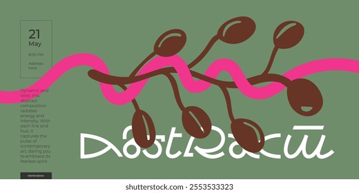Stylish banner design featuring leaf entwined in ribbon. Minimalist graphic composition with vibrant trendy tones and creative typography for bold contemporary artistic appeal