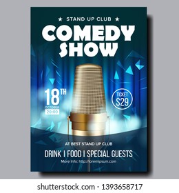 Stylish Banner Of Evening Comedy Live Show Vector. Studio Closeup Golden Microphone, Blue Curtain And Decoration Color Confetti On Retro Banner. Comical Leisure Time In Club Realistic 3d Illustration