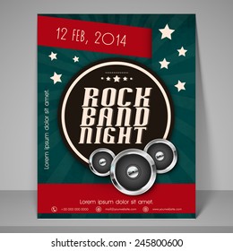 Stylish banner or flyer for rock band night party.