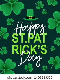 Stylish banner for a Happy St. Patrick's Day party. Beautiful green shamrocks and a leprechaun hat on the background. Vector illustration on a green background.