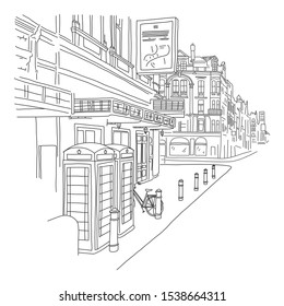 stylish banner sketch London street hand drawn. beautiful view  street, low residential buildings and offices. Bicycles stand in parking lot near buildings near road. vector illustration.