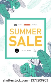 Stylish banner summer sale with hand-drawn contours of tropical palm leaves and flowers.