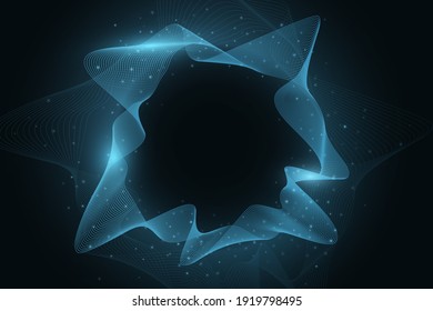 Stylish banner of wavy shining lines for your design. Abstract background of purple glowing vibrating waves for technology or science cover. Random shining shapes. Vector illustration. EPS 10.