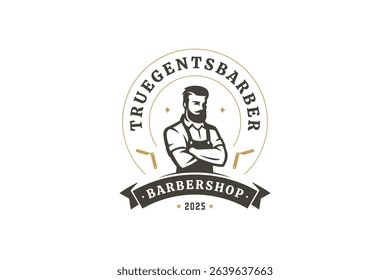 Stylish barber logo featuring a confident male portrait in vintage style, surrounded by elegant text and decorative elements. Perfect for barbershop branding. Vector illustration