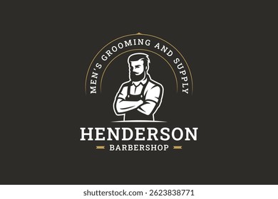 Stylish barber shop logo featuring a confident man in a suit, surrounded by elegant text and a vintage arc. Perfect for grooming services and fashion-forward businesses. Vector illustration