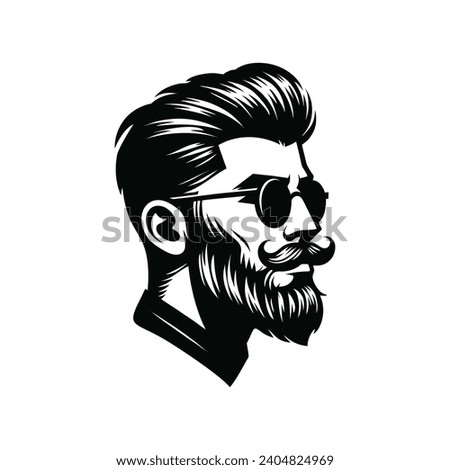 Stylish barber shop logo featuring a dashing man with a beard and mustache.