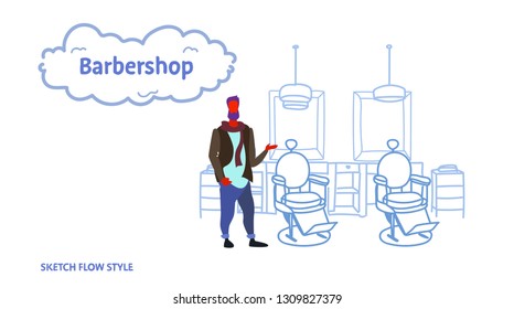 stylish barber standing near retro style haircut chair male hairdresser in hair salon modern barbershop interior sketch flow style horizontal