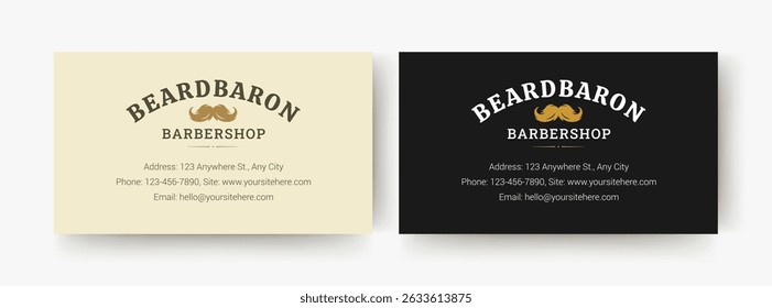 Stylish barbershop business card featuring bold mustache logo, minimalist text, clean layout, and dual color scheme for personal and corporate branding. Vector illustration